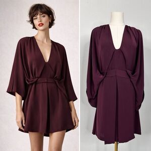 Acler Elston Burgundy Kimono Sleeve Draped Mini Dress US 2 Modern Minimalist